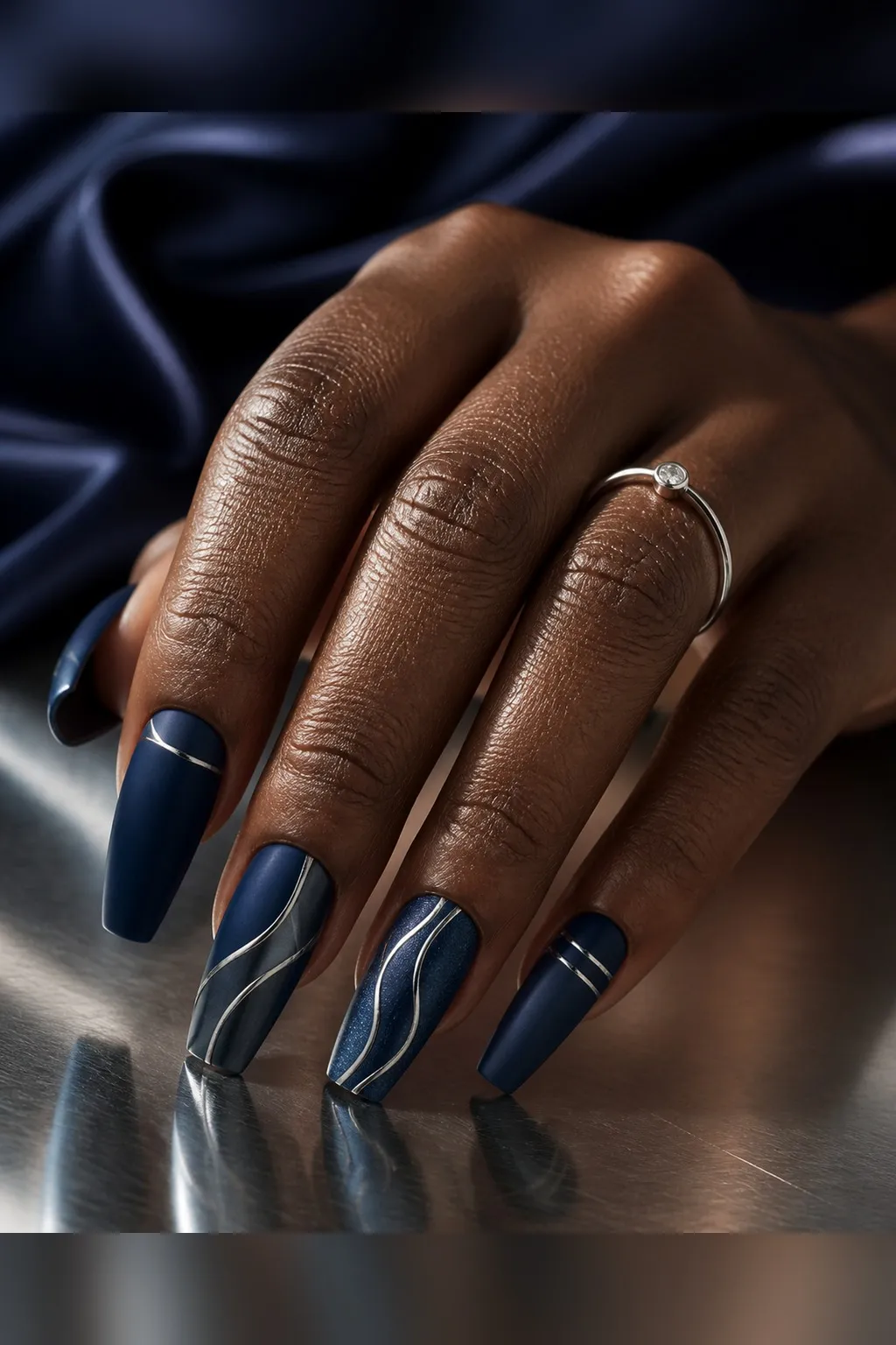 Navy Matte Coffin — coffin nails with deep navy crème, two coats, matte top coat, medium coffin