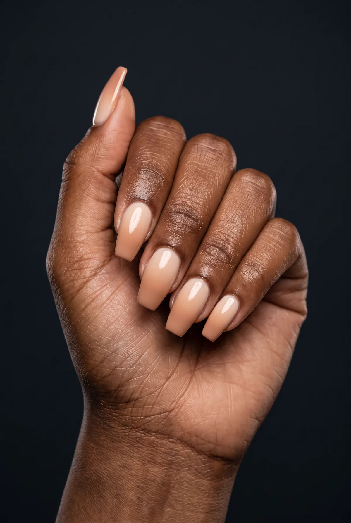 Nude Fade — coffin coffin nails with nude-to-beige ombre gel fade on a short coffin shape, please