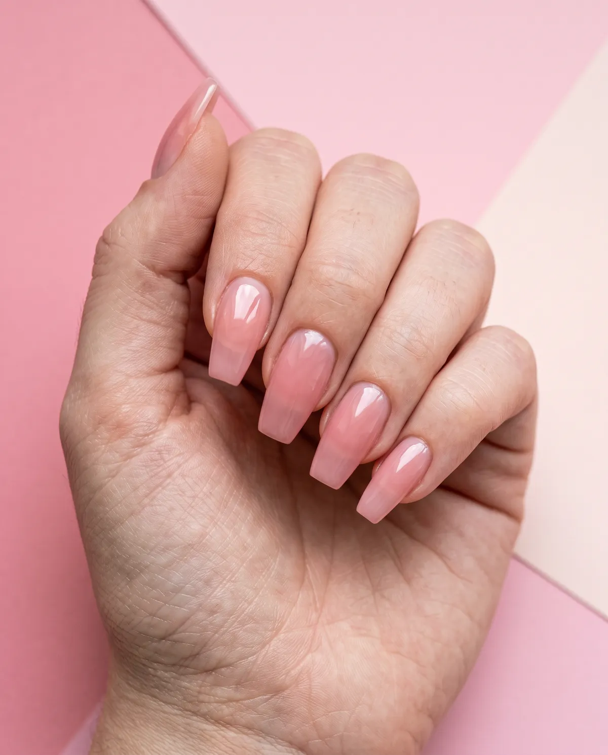 Rose Jelly Sheer — coffin coffin nails with sheer rose jelly gel polish, two thin coats, on a medium coffin shape, please