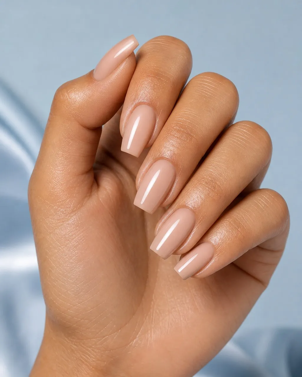 Short Nude Coffin — coffin nails with short coffin shape with a sheer rosy-nude crème close to my natural colour, two coats, glossy