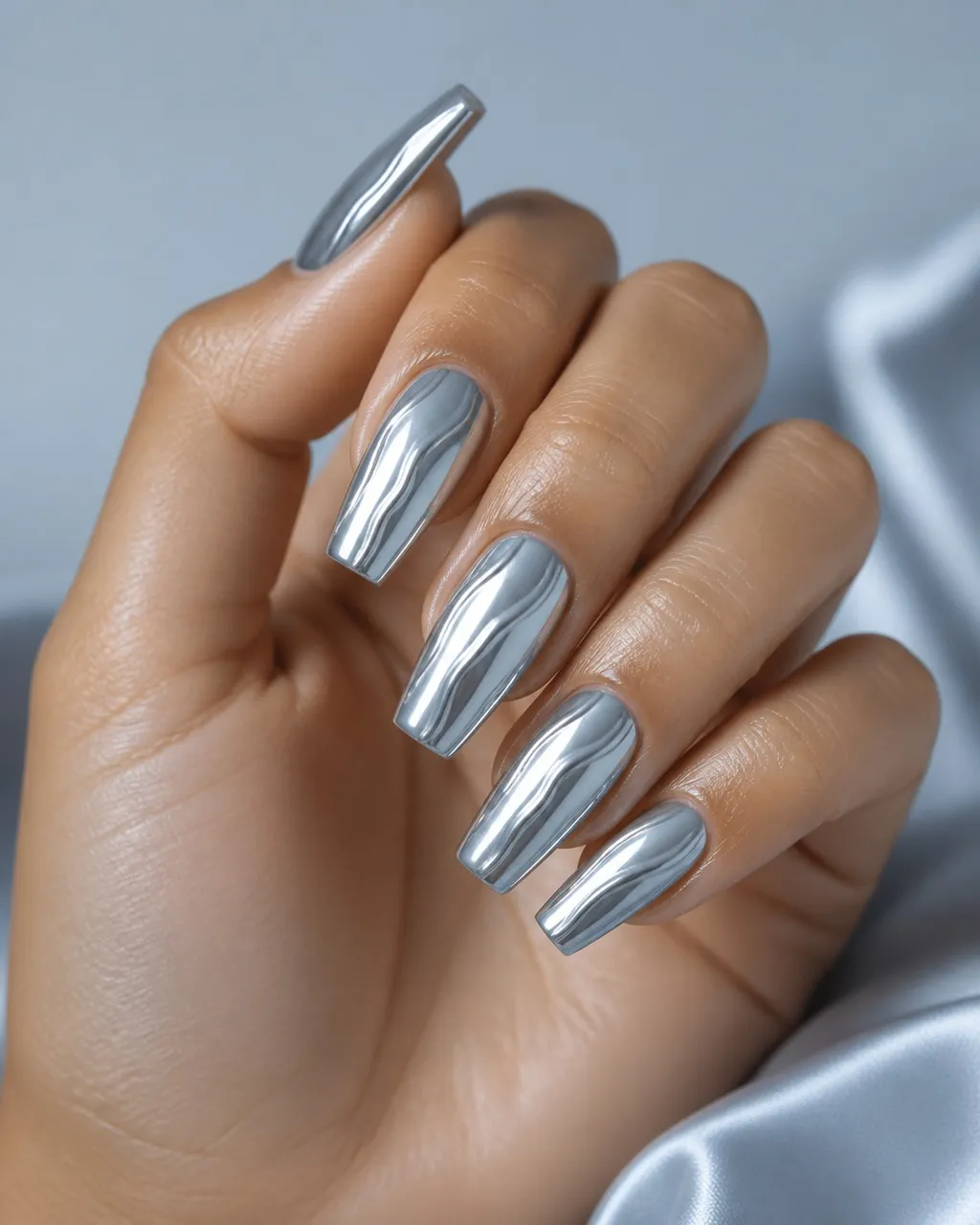 Silver Mirror Coffin — coffin nails with silver mirror chrome powder over a pale grey base, full shine, glossy seal, long coffin