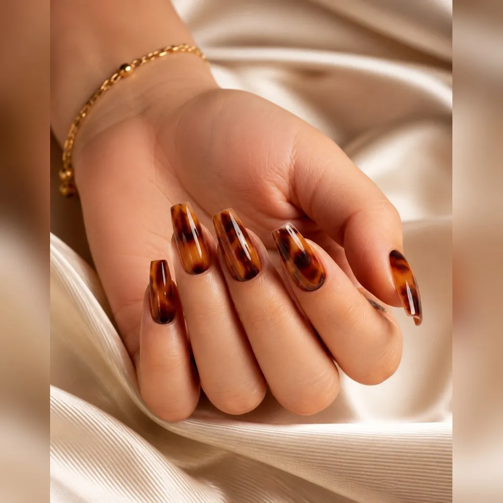 Tortoiseshell Coffin — coffin nails with full-set tortoiseshell — blurred amber, caramel and espresso swirls under a glossy glaze — medium coffin
