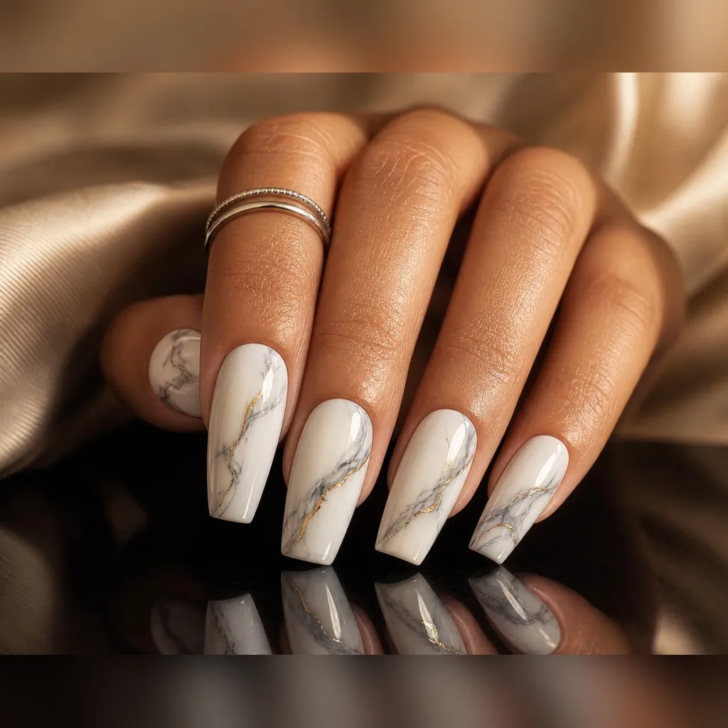 White Marble Coffin — coffin nails with milky white base with soft grey marble veins and a thin gold thread through one vein, glossy, long coffin