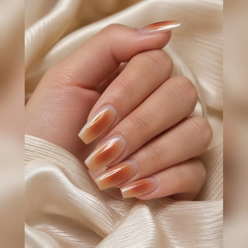 Amber Glass Aura — coffin fall nails with clear base, amber aura technique diffused outward, glossy seal, coffin shape