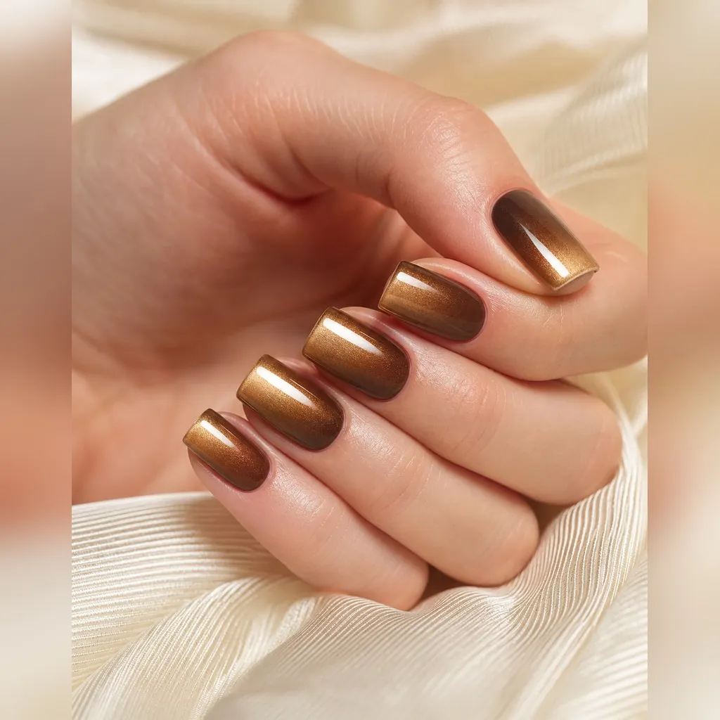 Chestnut Chrome Fade — square fall nails with chestnut-to-gold chrome fade, powder technique, glossy seal, square shape