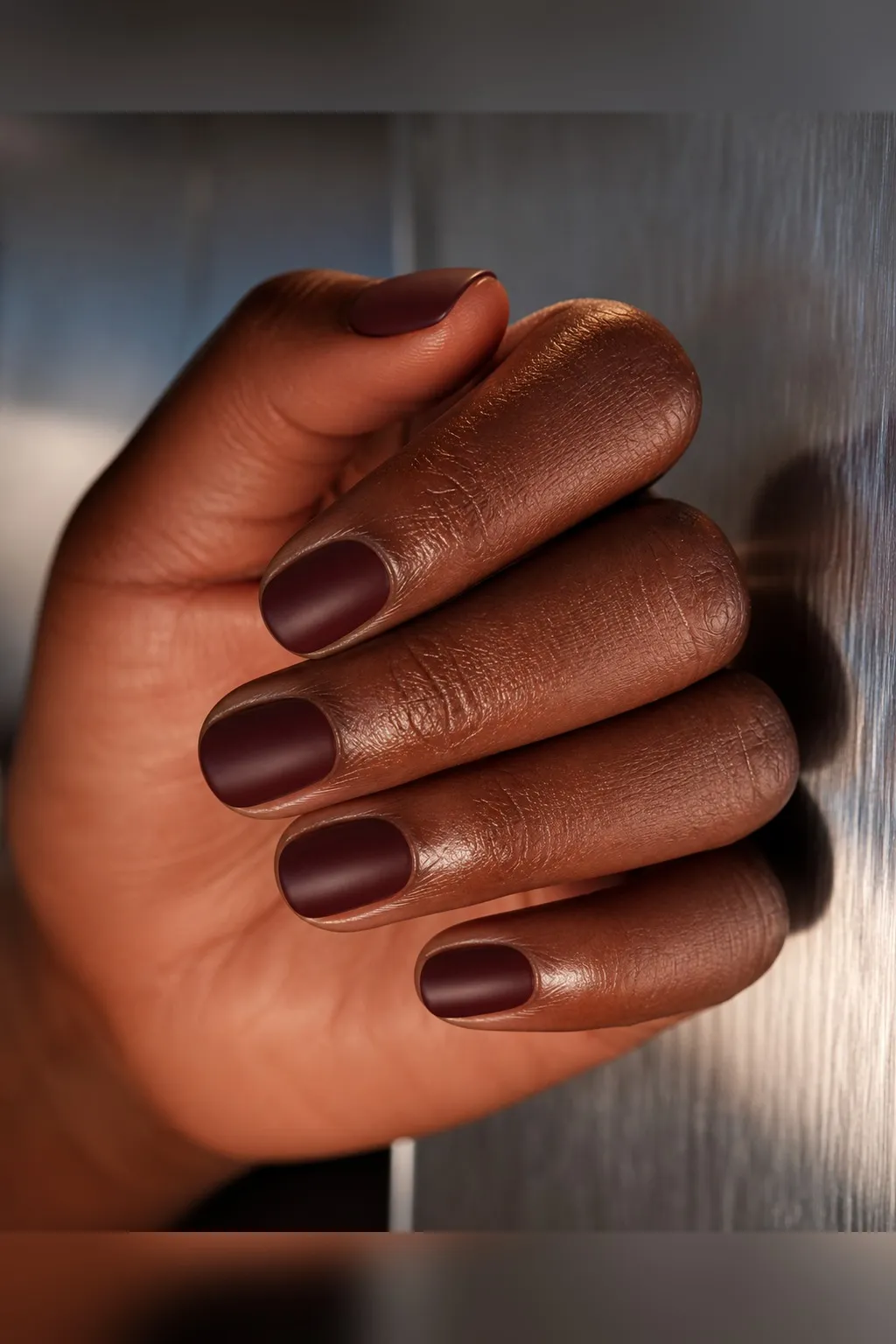 Clove Smoke Matte — round fall nails with clove brown-red crème, matte top coat, round short shape, no art