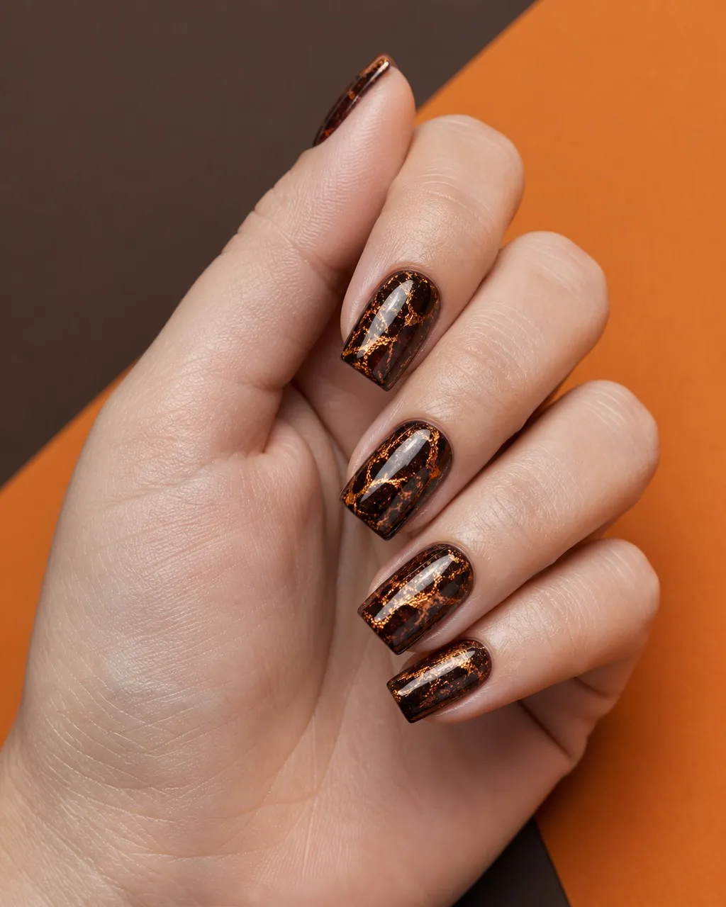 Copper Vein Foil — square fall nails with espresso base, copper foil pressed in vein pattern, glossy seal, square shape