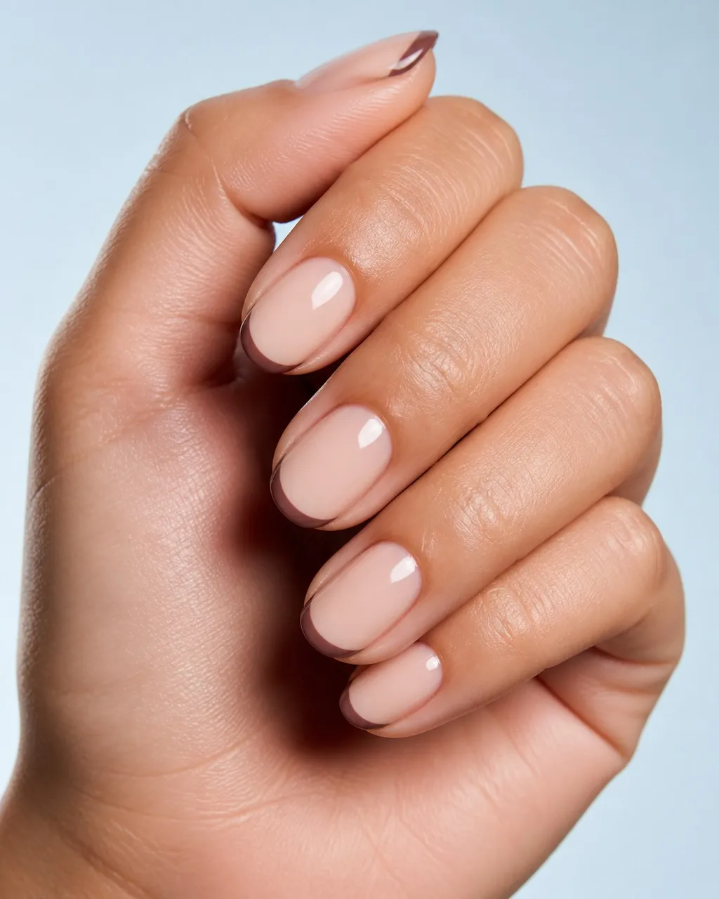 Fig Latte French — round fall nails with sheer nude base, thin fig-brown french tip, glossy finish, round shape