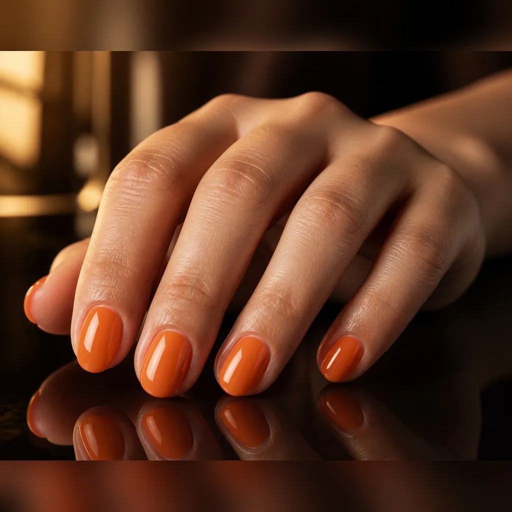 Pumpkin Butter Glaze — round fall nails with pumpkin orange jelly polish, built in thin layers, glossy seal, round short shape