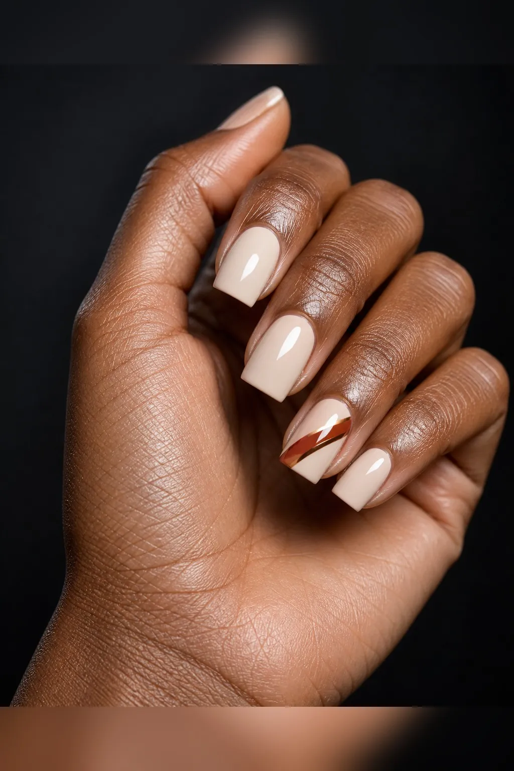 Rust Ribbon Accent — square fall nails with nude base, one accent nail with diagonal rust ribbon line, glossy, square shape