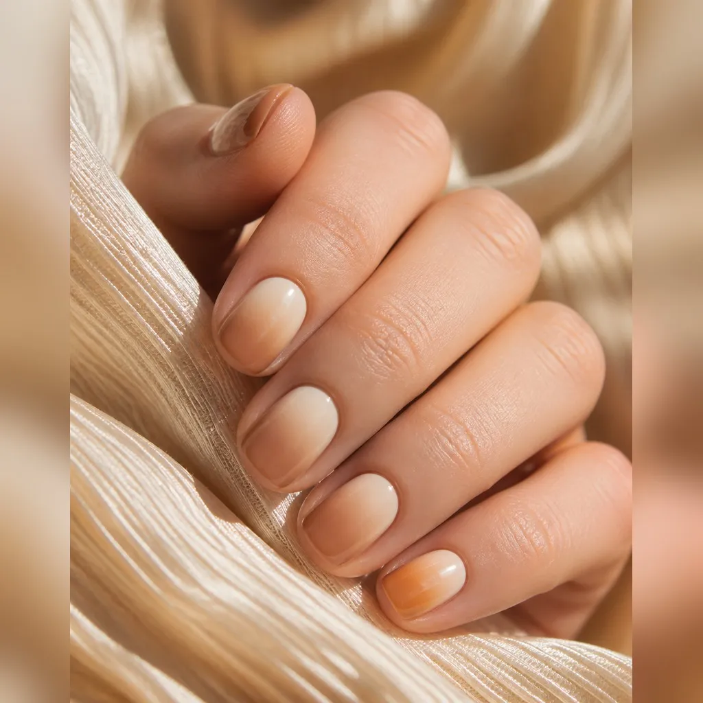 Toasted Marshmallow Ombré — round fall nails with cream-to-toffee ombré blended with sponge, glossy top coat, round short shape