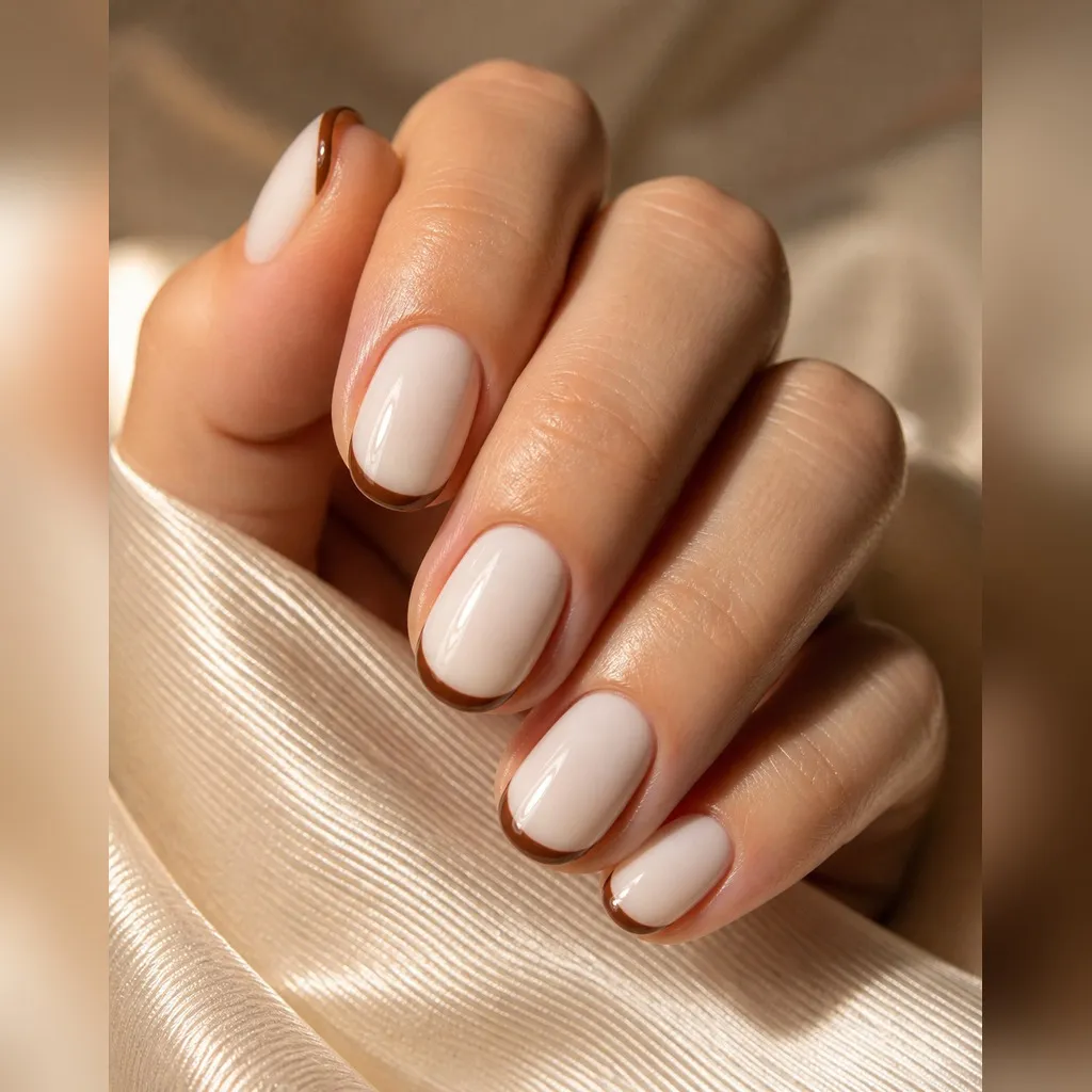 Walnut Milk French — round fall nails with milky base, thin walnut-brown french tip, glossy finish, round short shape