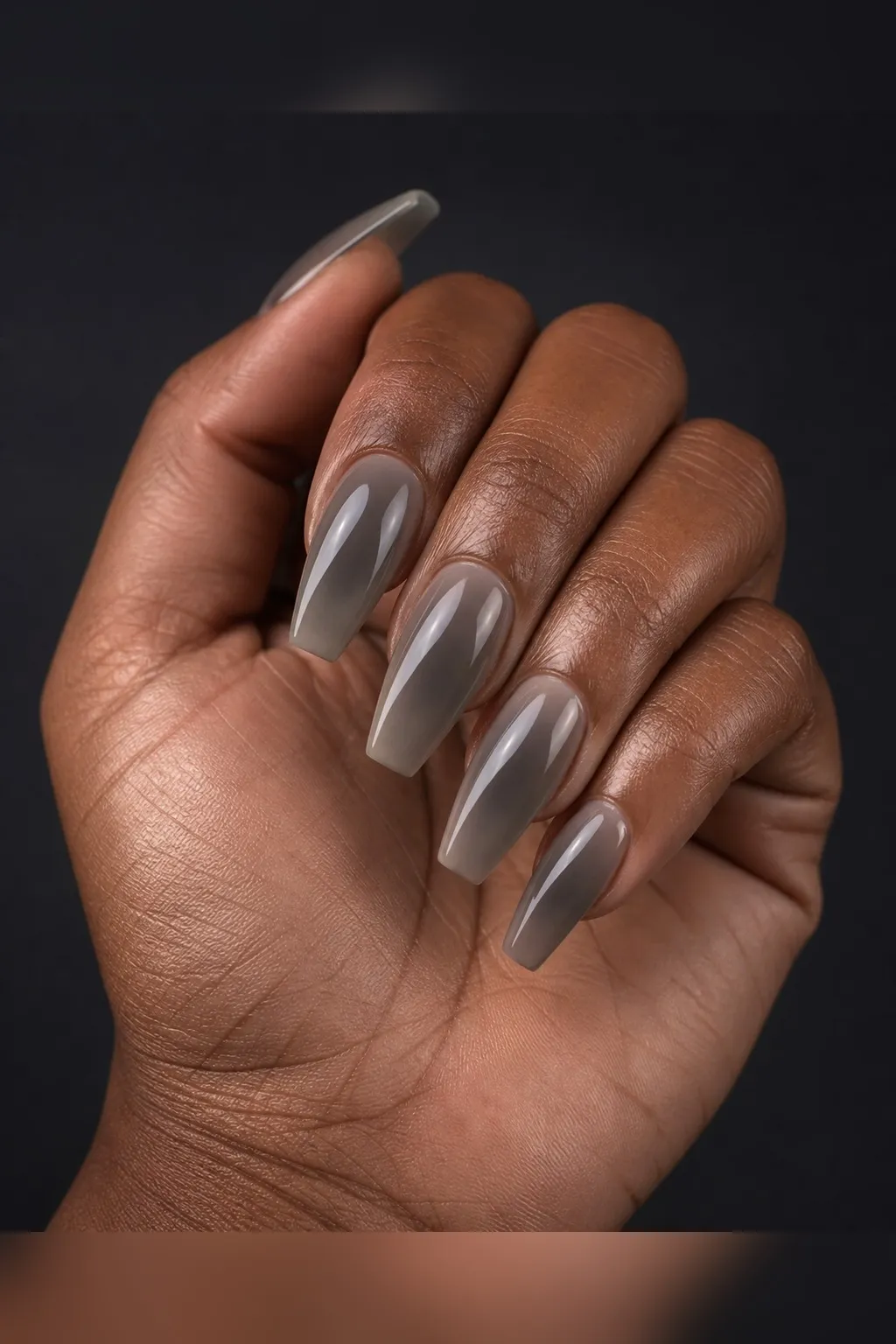 Woodsmoke Aura — coffin fall nails with sheer base, grey-brown smoky aura diffused at center, glossy, coffin shape