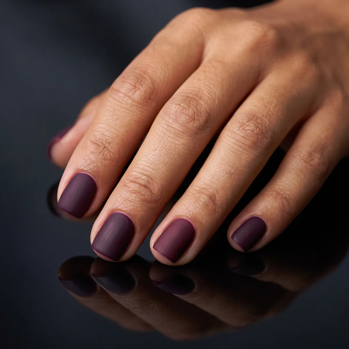 Deep Plum Matte — square halloween nails with apply a deep matte plum gel polish on short square nails with a velvet matte top coat