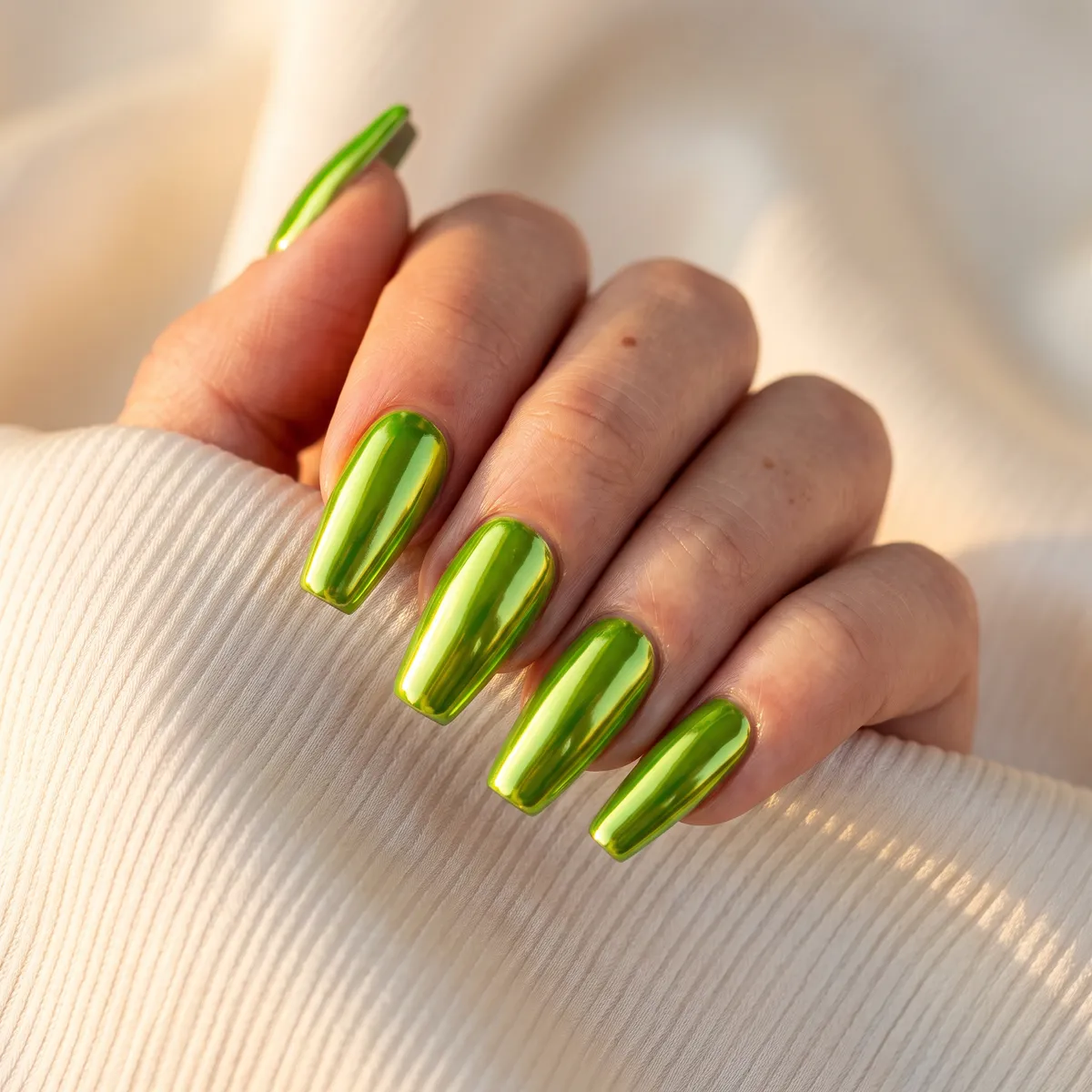 Toxic Potion Chrome — coffin halloween nails with apply acid-green chrome powder over a black gel base on coffin nails, buffed to a mirror finish