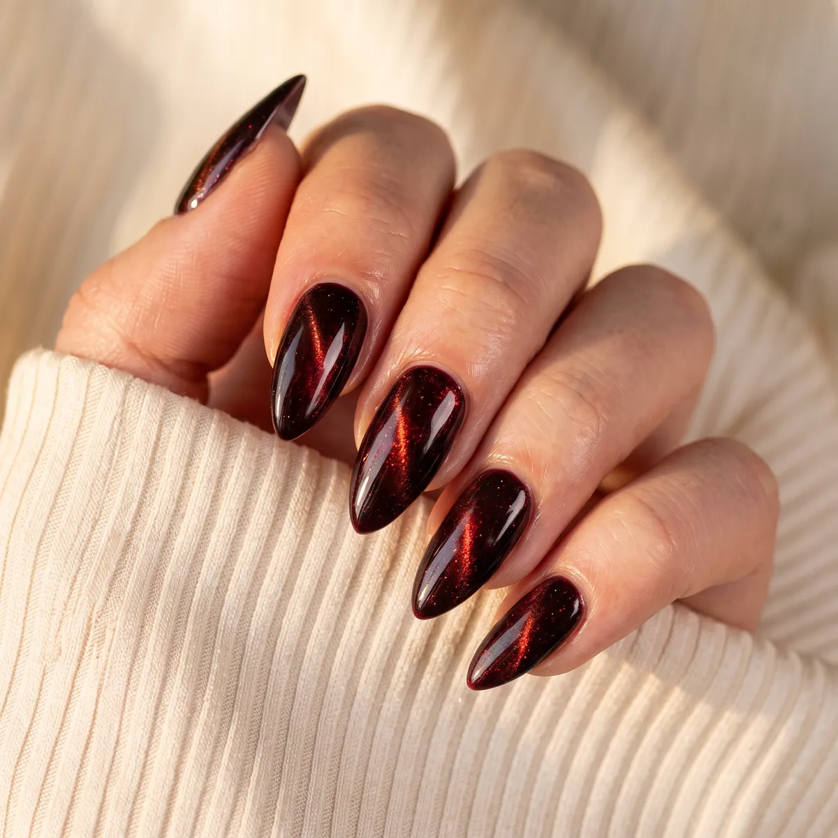 Vampire Bite Eye — stiletto halloween nails with apply a black-red duo cat-eye magnetic gel on stiletto nails and pull the shimmer before…