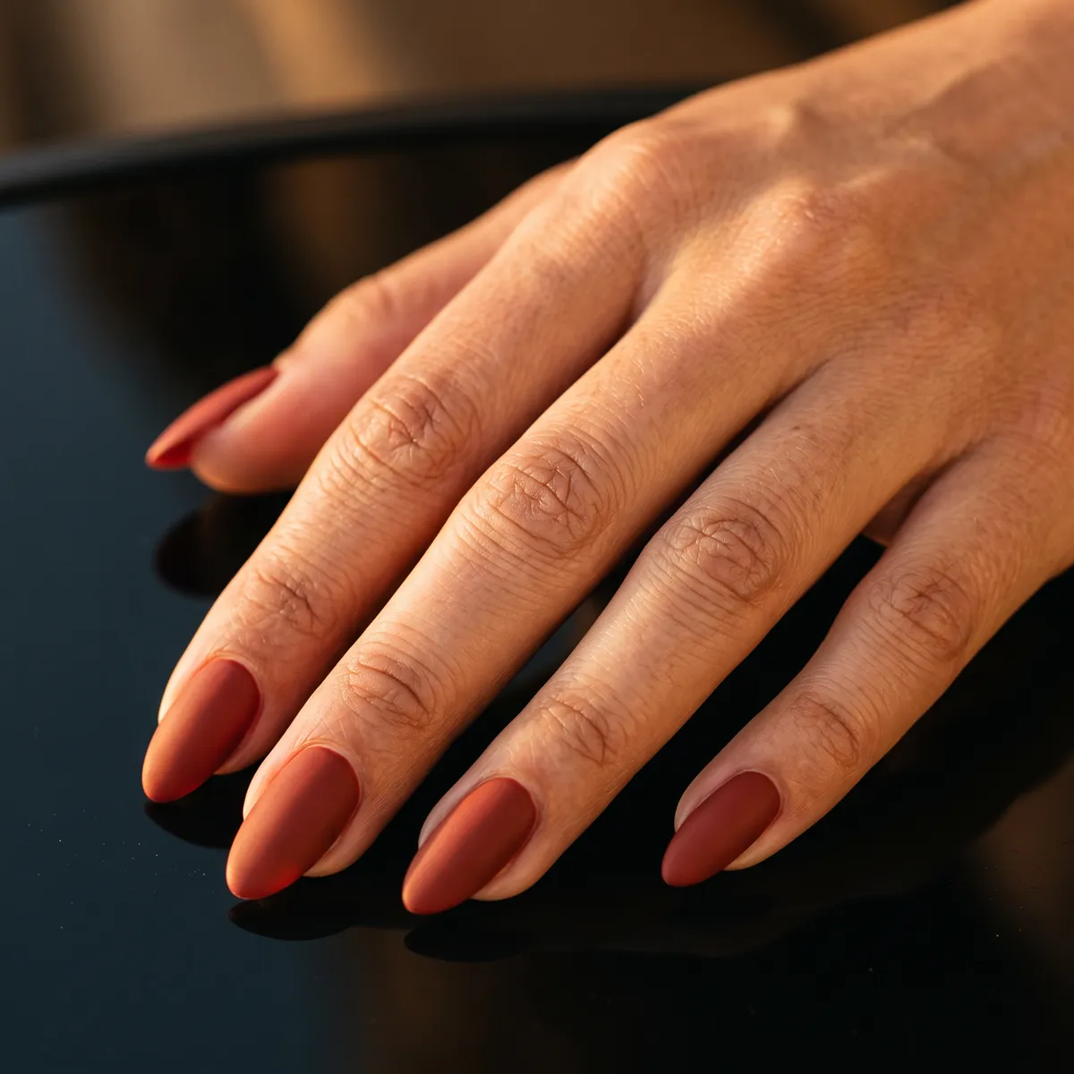 Brick Matte — almond red nails with please do a warm brick red on almond nails finished with a matte top coat, no shine