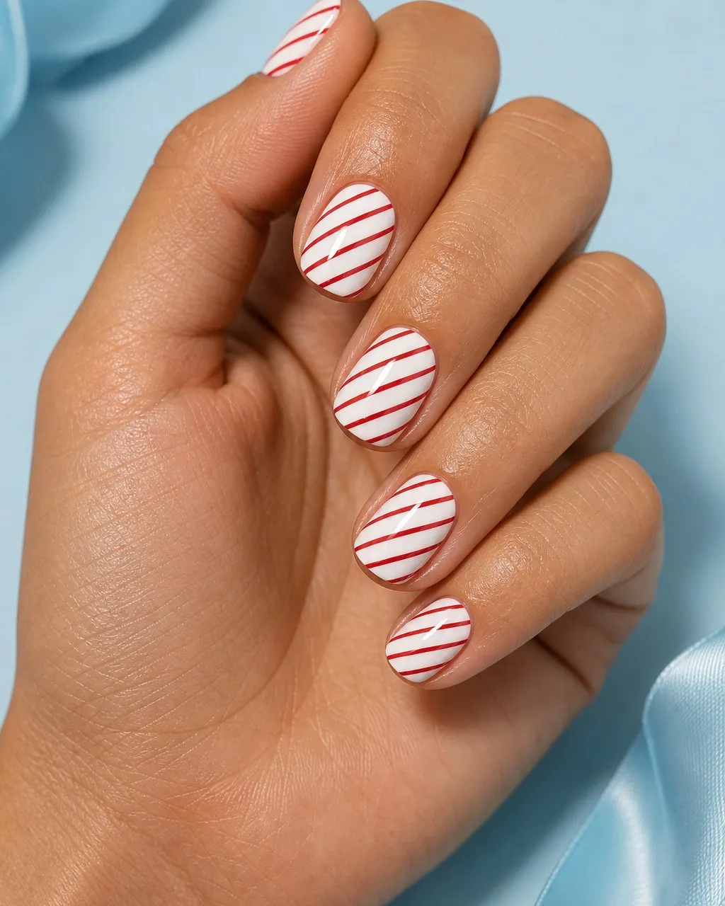 Candy Stripe — round red nails with white base with thin diagonal red stripes across every nail, glossy, short round