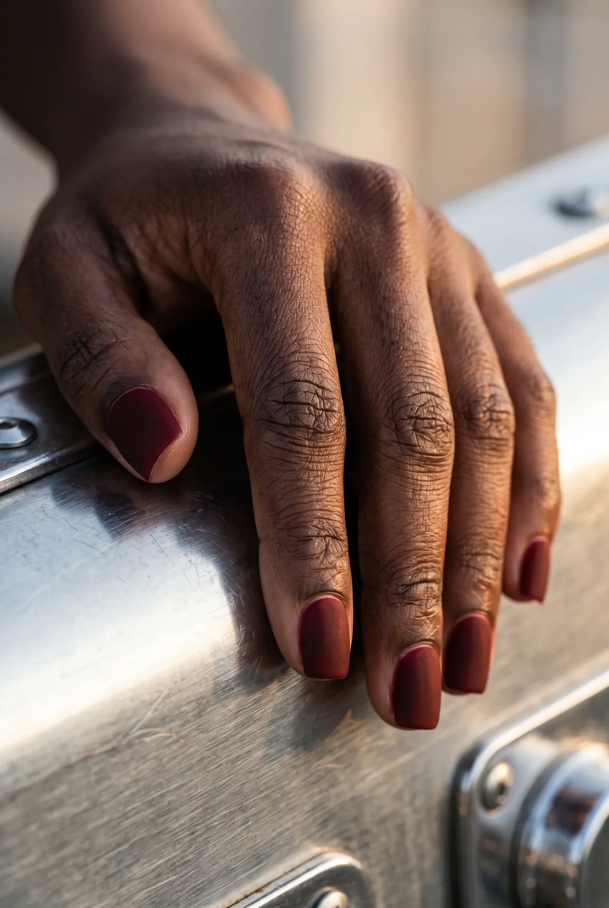 Oxblood Matte — square red nails with please do a deep oxblood red on square nails finished completely matte, no shine at all