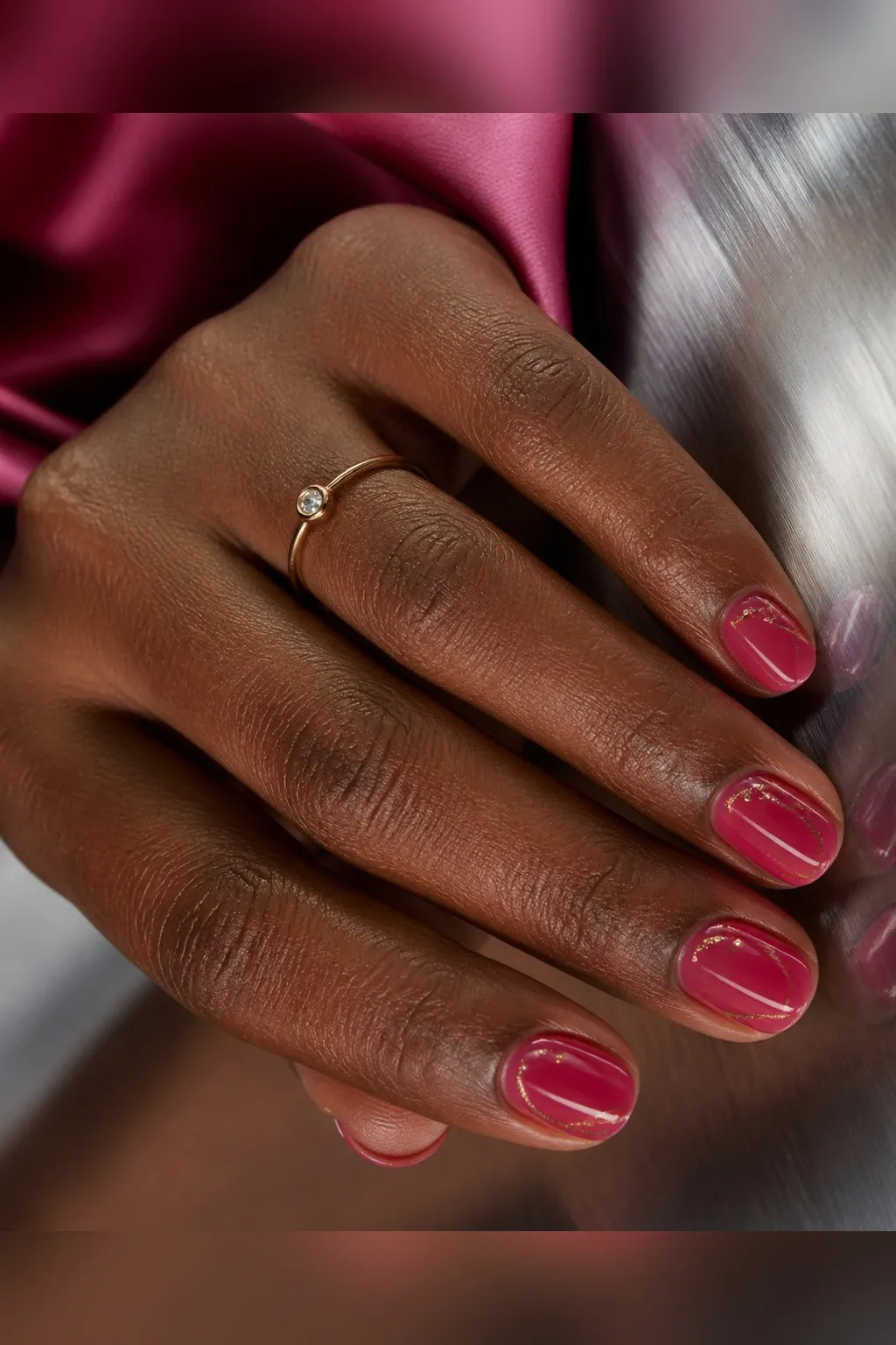 Raspberry Sheer — round red nails with sheer raspberry-red polish, two thin coats for a stained look, glossy top coat, short round