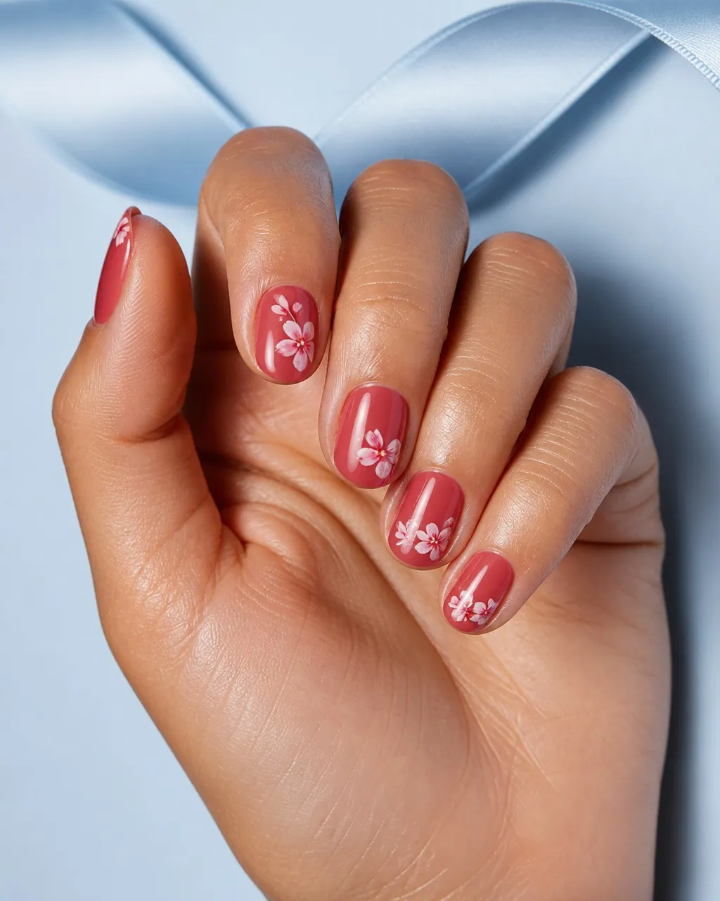 Red Glass Round — round red nails with one thin coat of sheer red over a clear base, two coats of glossy top coat for a glassy finish, short…