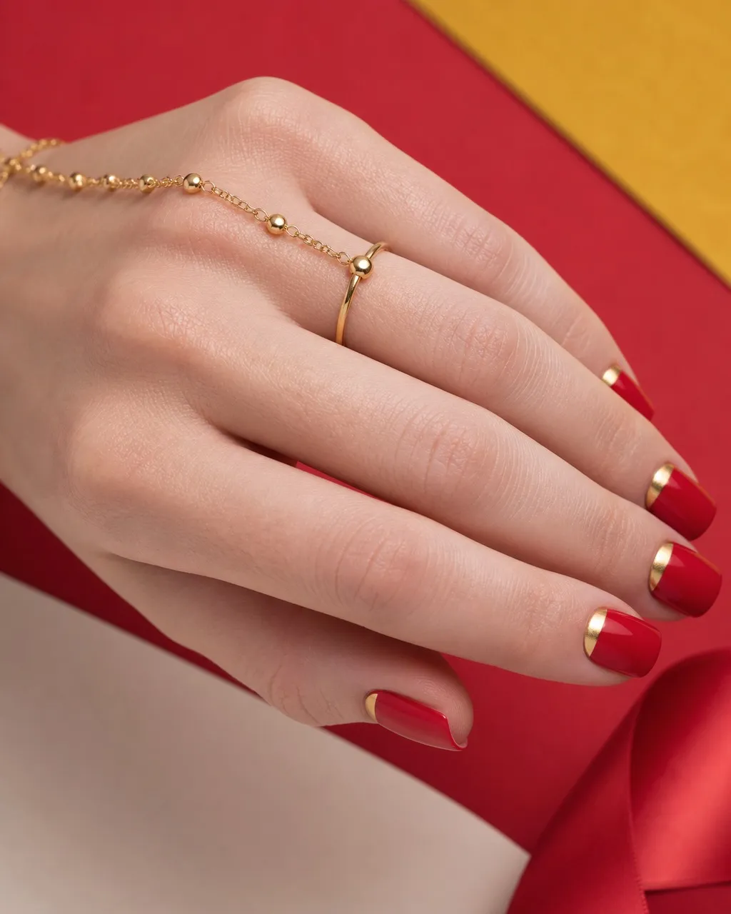 Red Gold Half-Moon — square red nails with glossy crimson red with a crisp gold half-moon at the cuticle on every nail, high gloss, short square