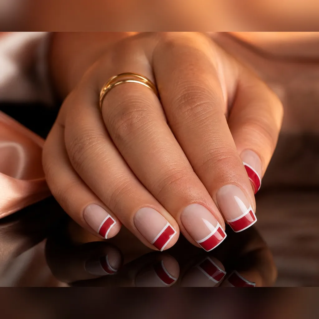 Red Negative Space — square red nails with sheer natural base with a red block across the tip framed by a thin bare outline, glossy, short square