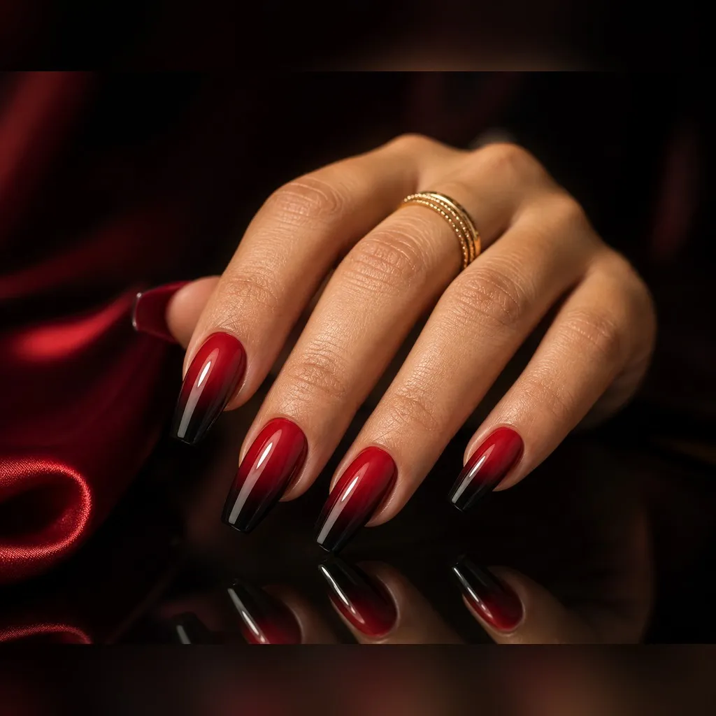 Red to Black Ombré — coffin red nails with true red fading to black at the tips, soft sponge-blended ombré, glossy seal, medium coffin