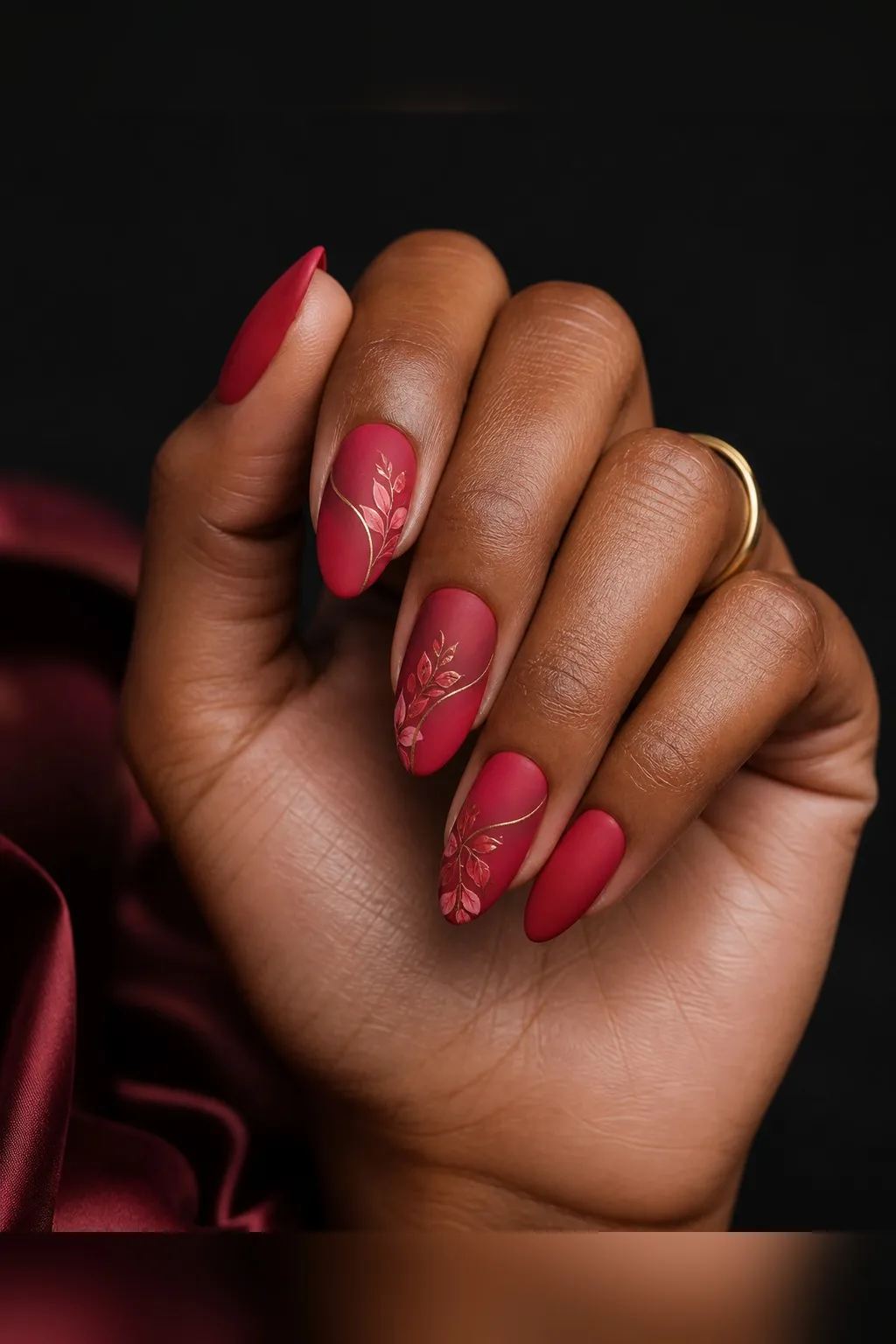 Rose Red Matte — almond red nails with rosy red crème, two coats, matte top coat, medium almond