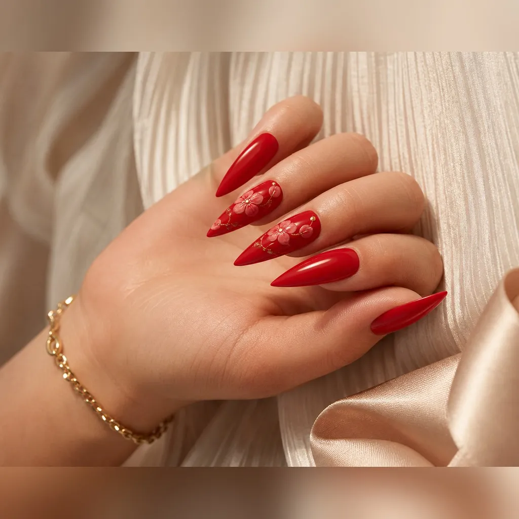 Scarlet Stiletto — stiletto red nails with bright scarlet red crème, two coats, under a high-gloss glaze top coat, long stiletto