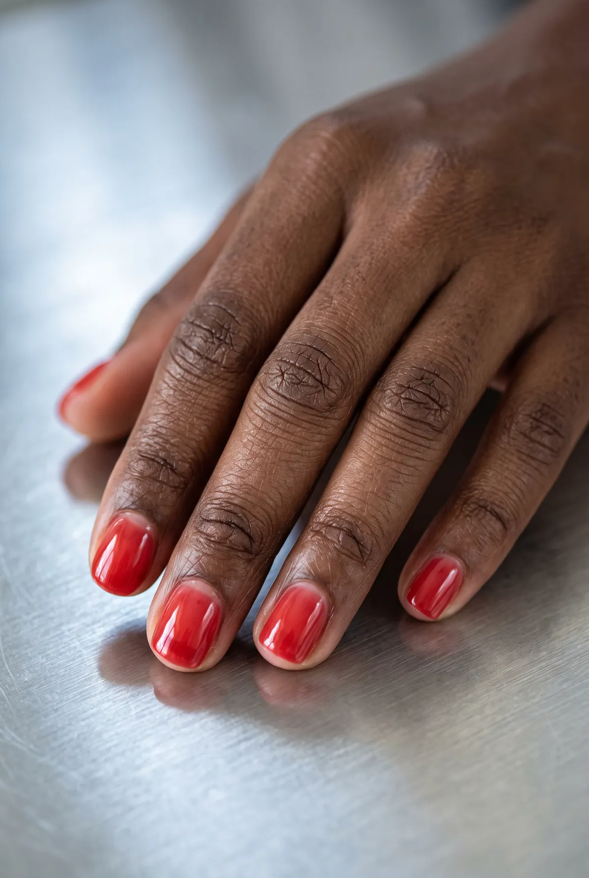 Red Jelly — round red nails with can you do a sheer, jelly-style red with visible translucency on short round nails