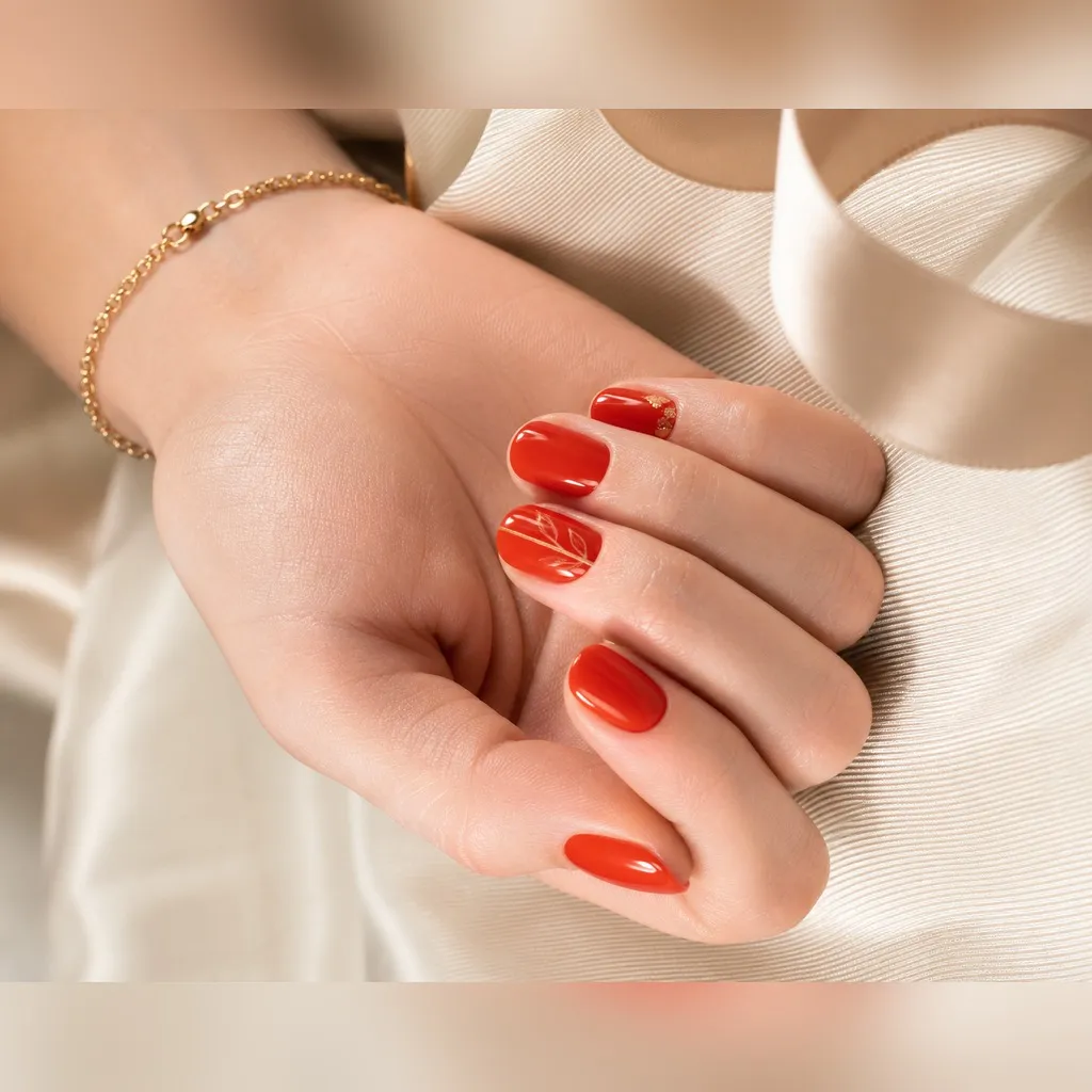 Tomato Red — round red nails with warm tomato red crème, two coats, high-gloss top coat, short round