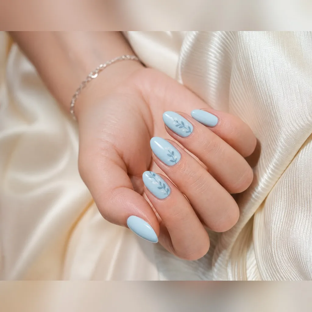 Baby Blue Short Almond — short almond nails with pale baby-blue crème, two coats, glossy top coat, short almond