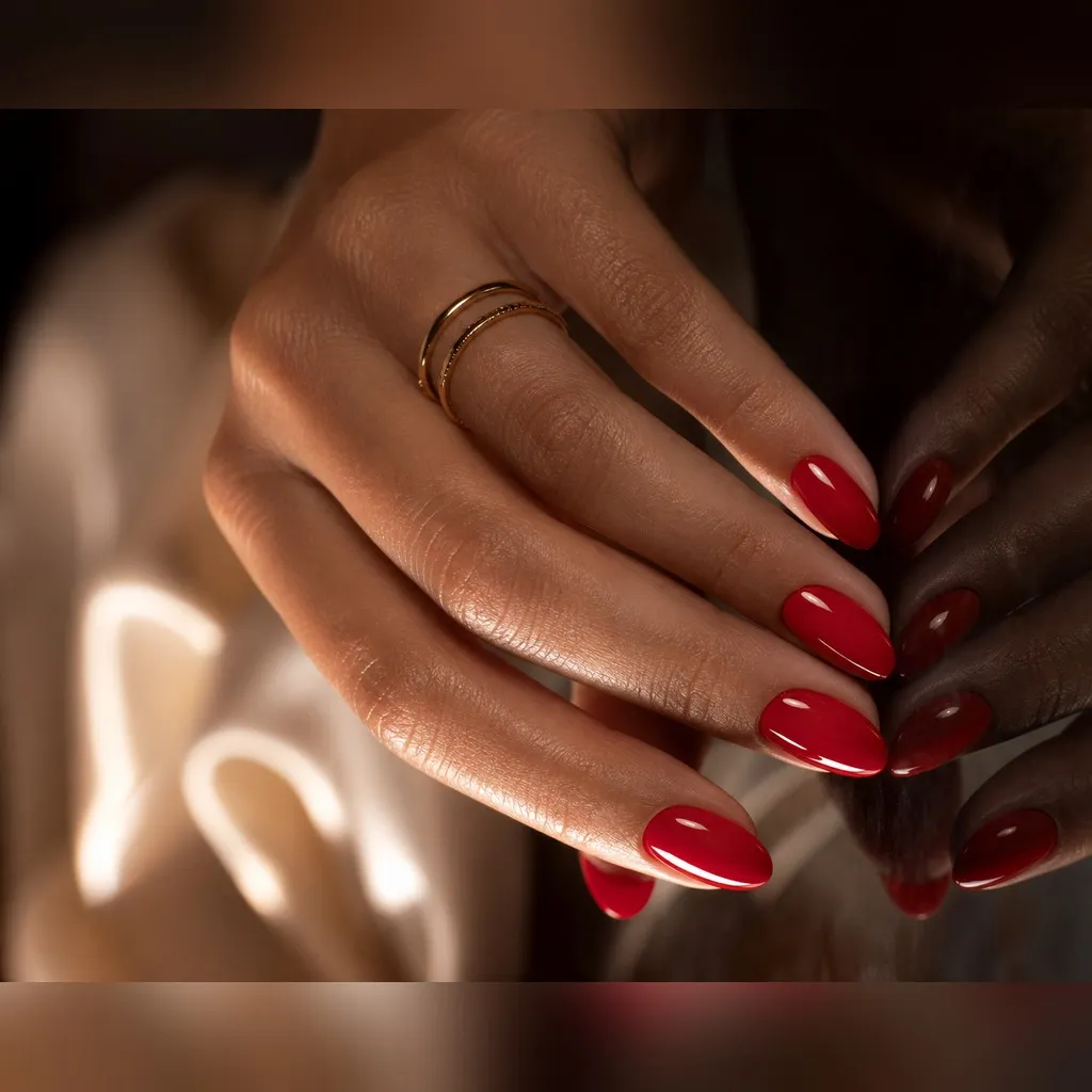Cherry Red Short Almond — short almond nails with true cherry red crème, two coats, under a high-gloss top coat, short almond