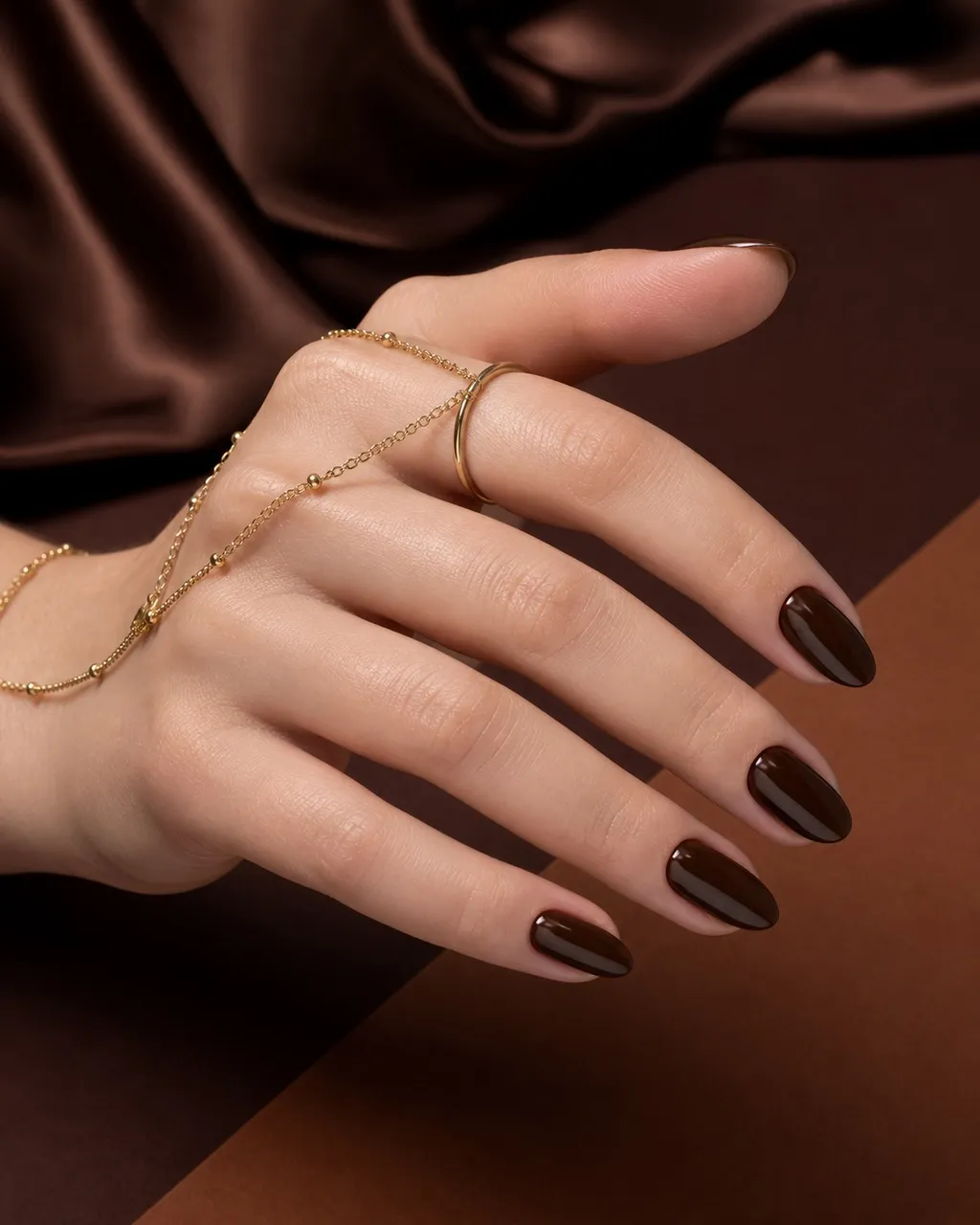Espresso Short Almond — short almond nails with deep espresso brown crème, two coats, glossy top coat, short almond