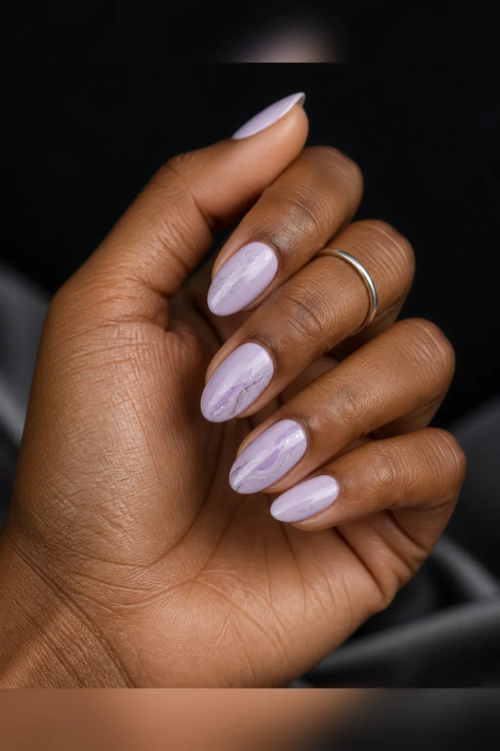 Lilac Short Almond — short almond nails with soft sheer lilac polish, two coats, glossy top coat, short almond