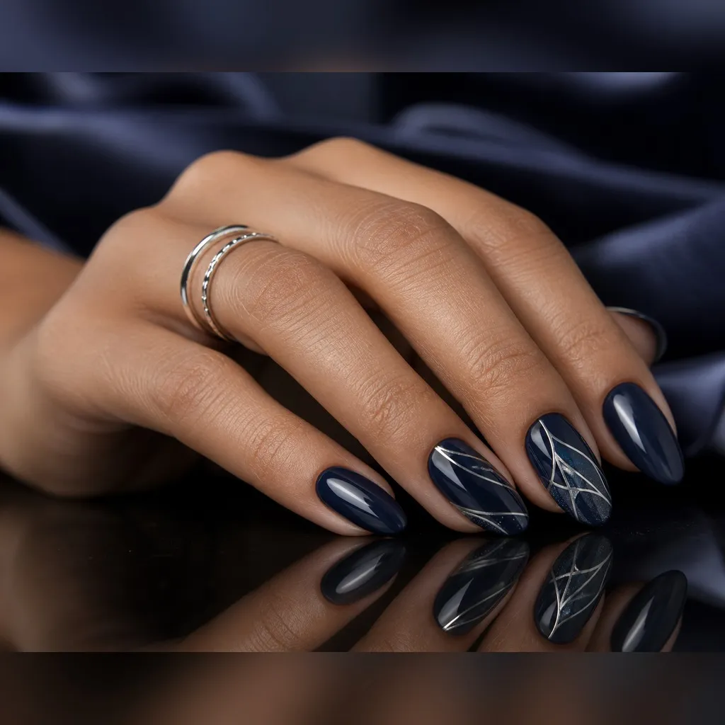 Navy Gloss Short Almond — short almond nails with deep navy crème, two coats, glossy top coat, short almond