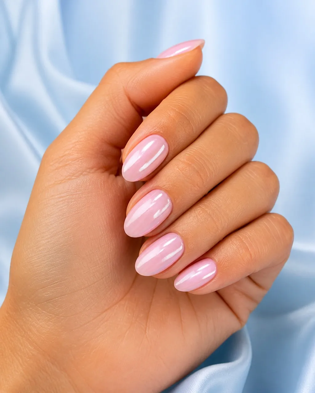 Pink Chrome Short Almond — short almond nails with ballet-pink base with a pink chrome powder buffed over, full soft shine, glossy, short almond