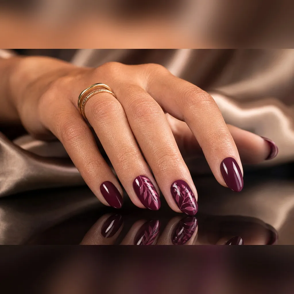 Plum Glaze Short Almond — short almond nails with deep plum crème, two coats, under a high-gloss glaze top coat, short almond