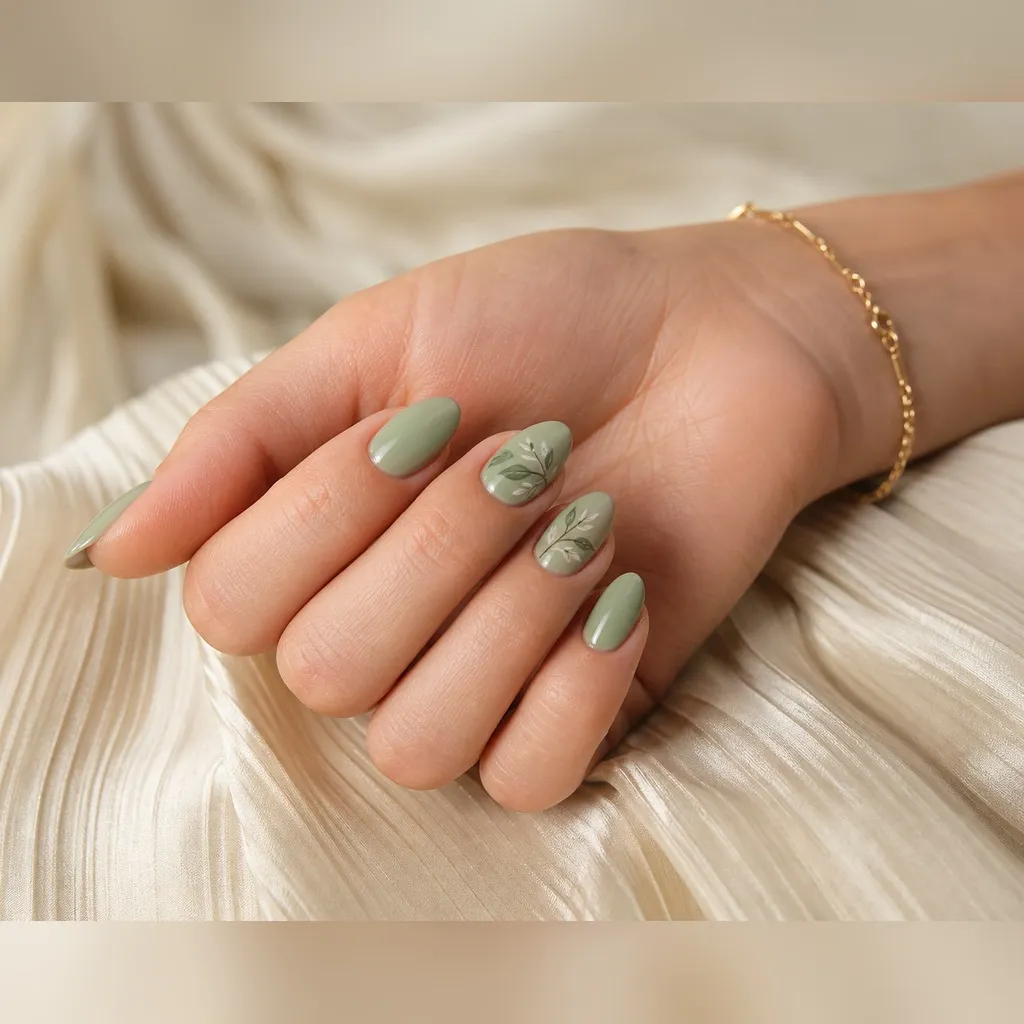 Sage Short Almond — short almond nails with dusty sage green crème, two coats, glossy top coat, short almond