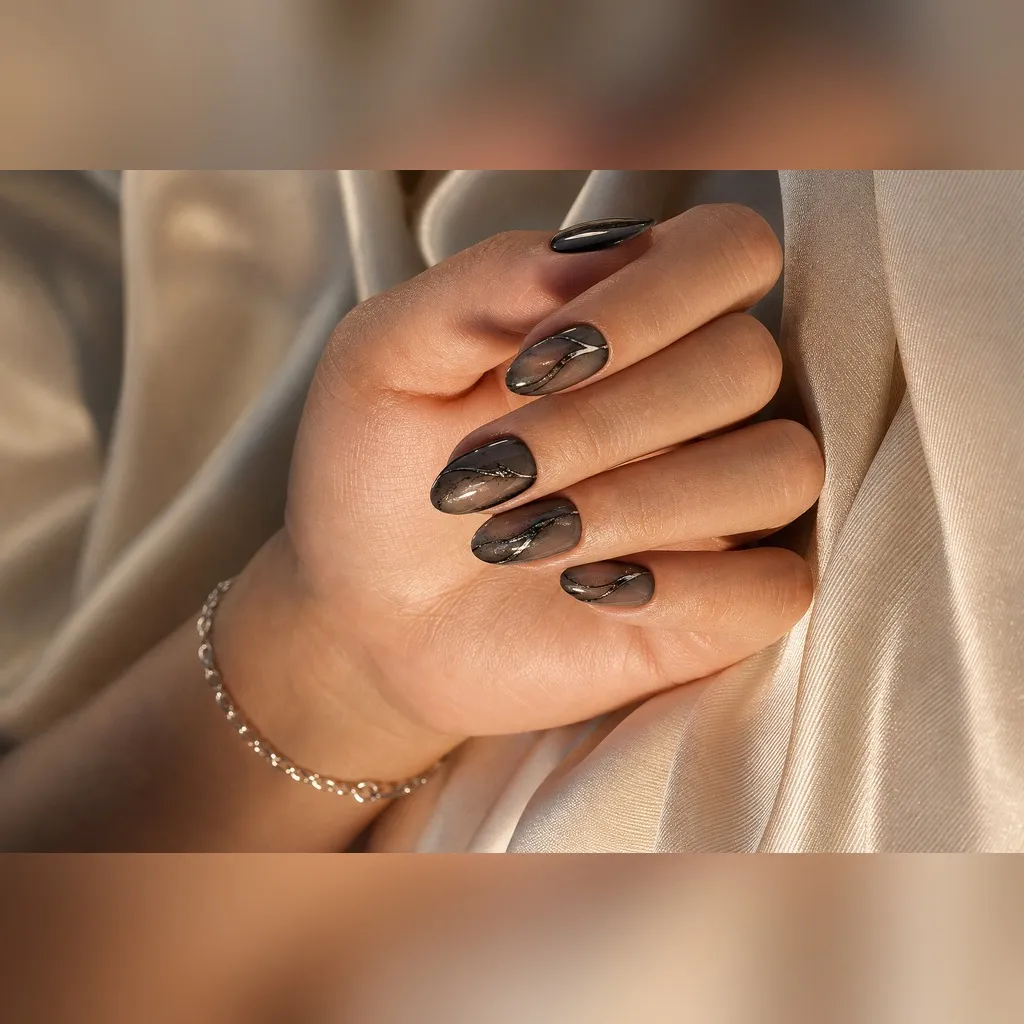 Sheer Black Short Almond — short almond nails with one thin coat of sheer black over a clear base for a smoked-glass look, glossy top coat…