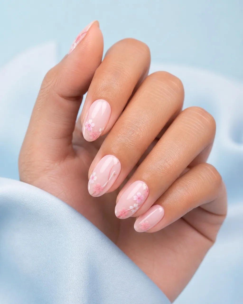 Strawberry Milk Short Almond — short almond nails with sheer milky strawberry-pink polish, two thin coats, glossy top coat, short almond