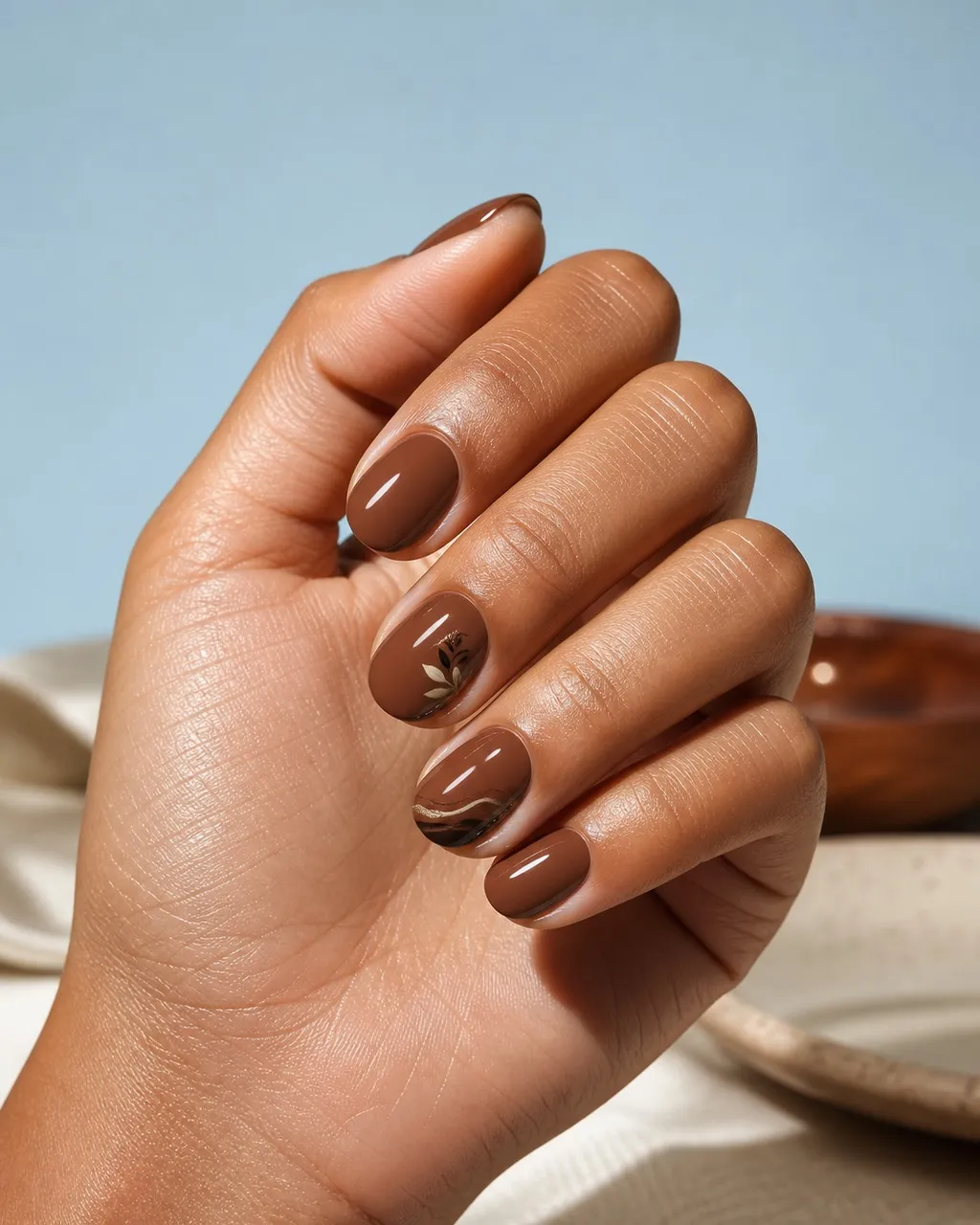 Acorn Brown — round thanksgiving nails with warm chestnut brown crème, two coats, glossy top coat, short round