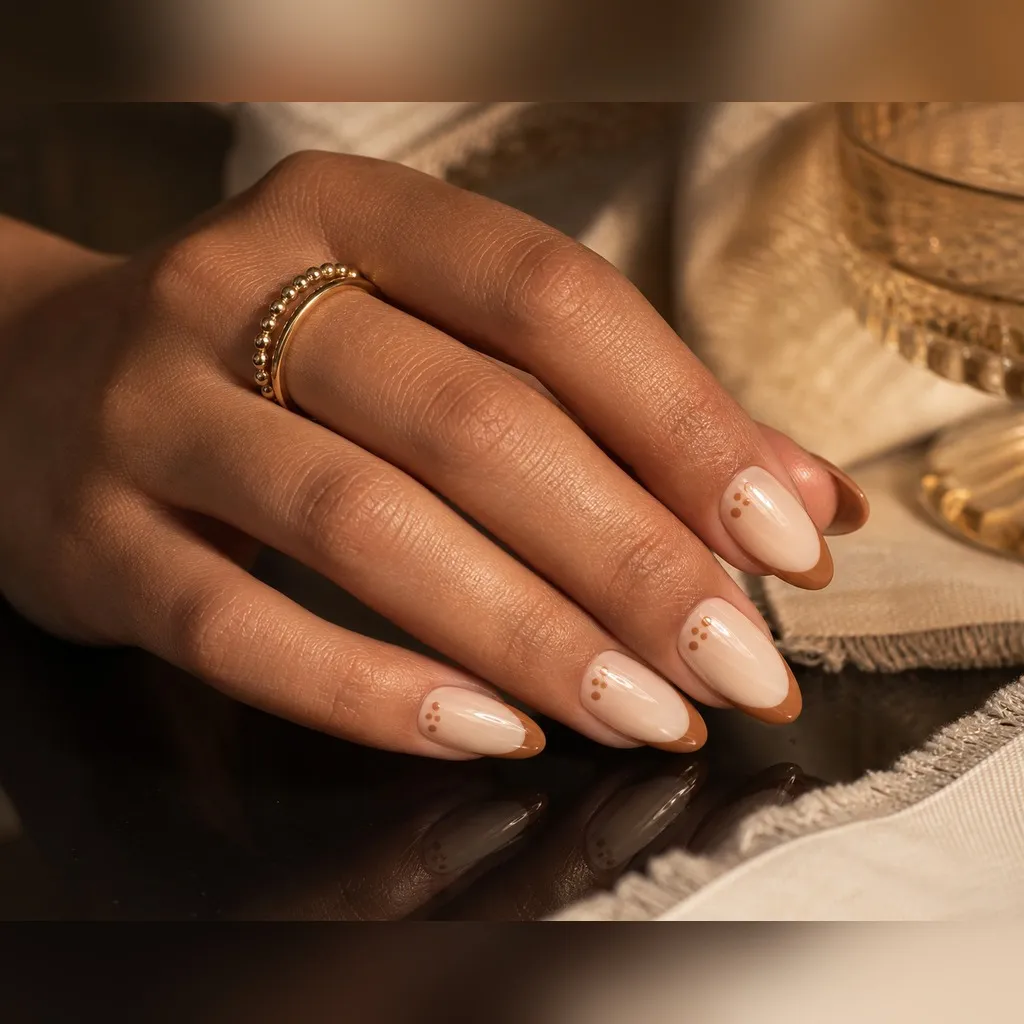 Brown Sugar French — almond thanksgiving nails with sheer cream base with a warm brown-sugar french tip along a natural smile line, glossy…