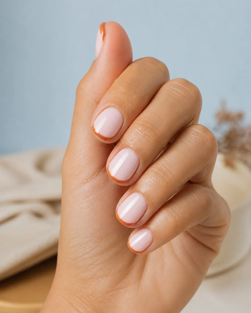 Burnt Orange Micro French — round thanksgiving nails with sheer milky base with a very thin burnt-orange micro french tip at the free edge…