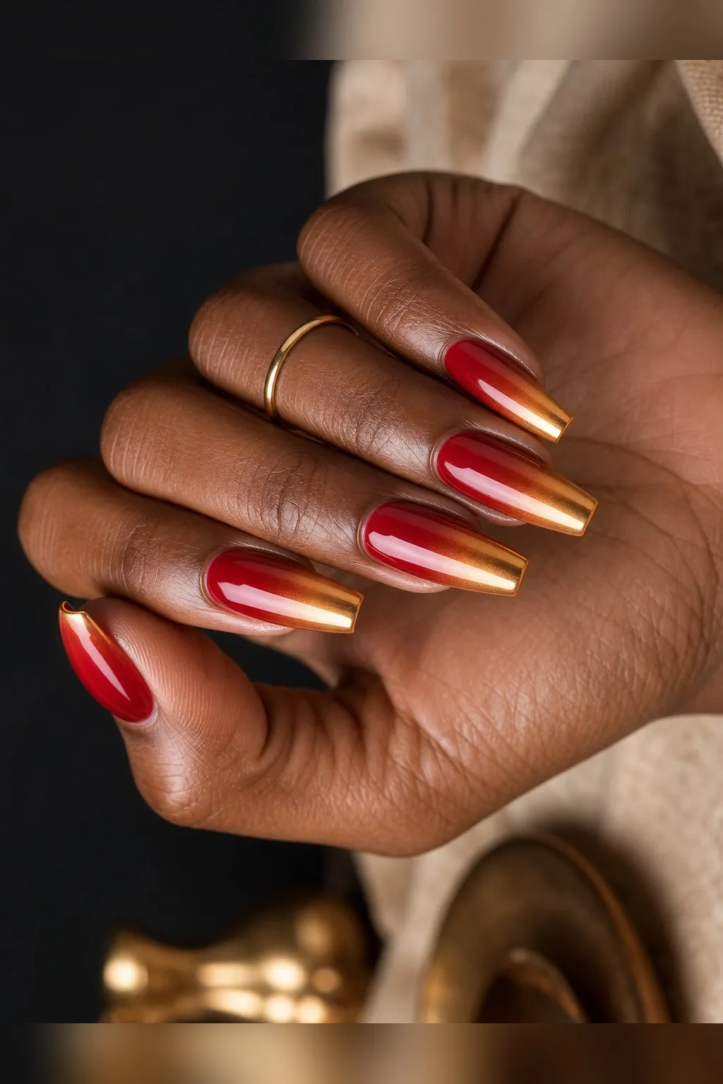 Caramel Apple Chrome — coffin thanksgiving nails with deep apple red fading into a caramel-gold chrome at the tips, soft gradient, glossy…