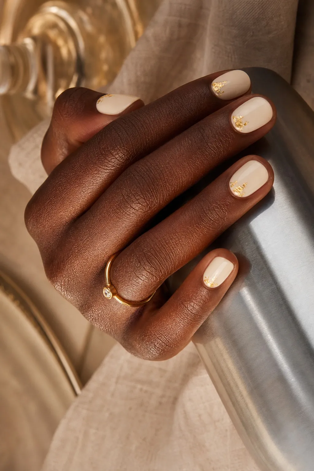 Cornbread Gold Fleck — round thanksgiving nails with warm cream base with a few small gold foil flecks placed near the cuticle on each nail…