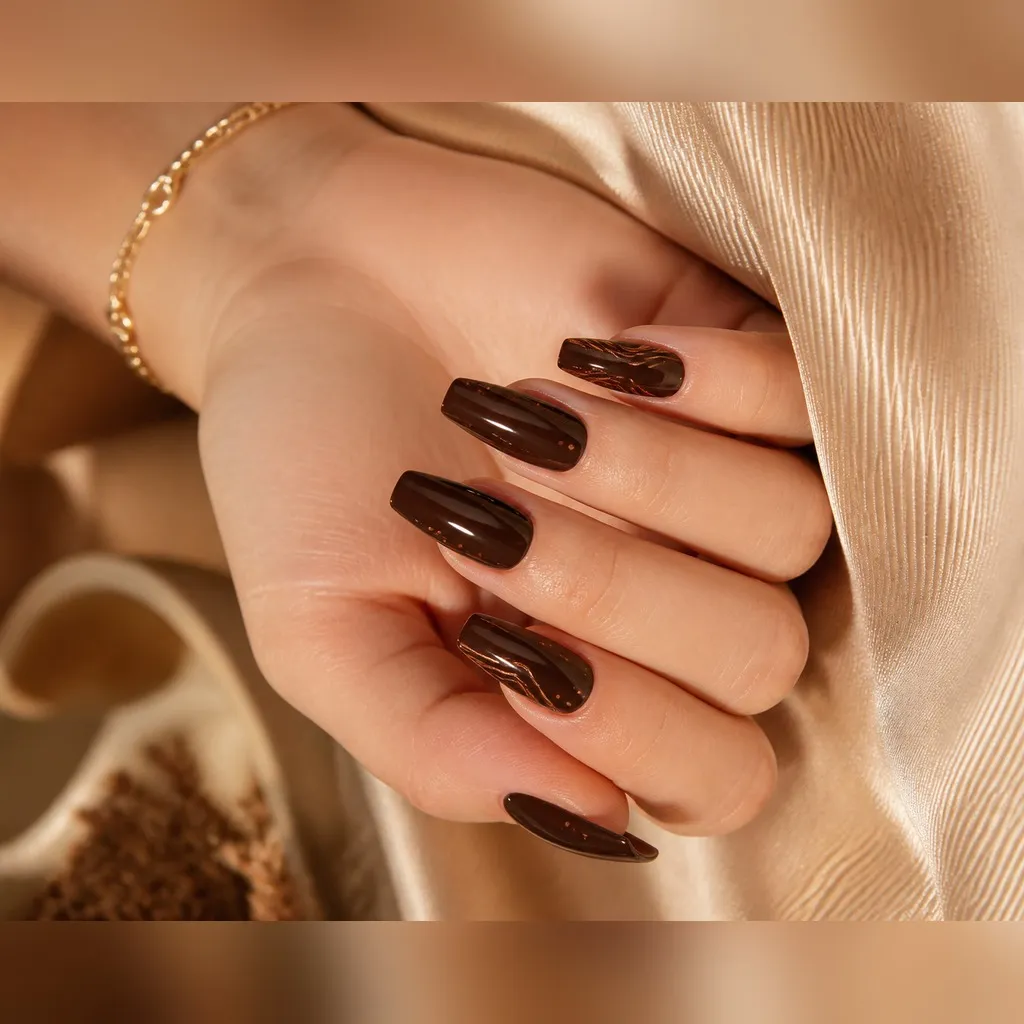 Molasses Coffin — coffin thanksgiving nails with near-black molasses-brown crème, two coats, under a high-gloss glaze top coat, medium coffin