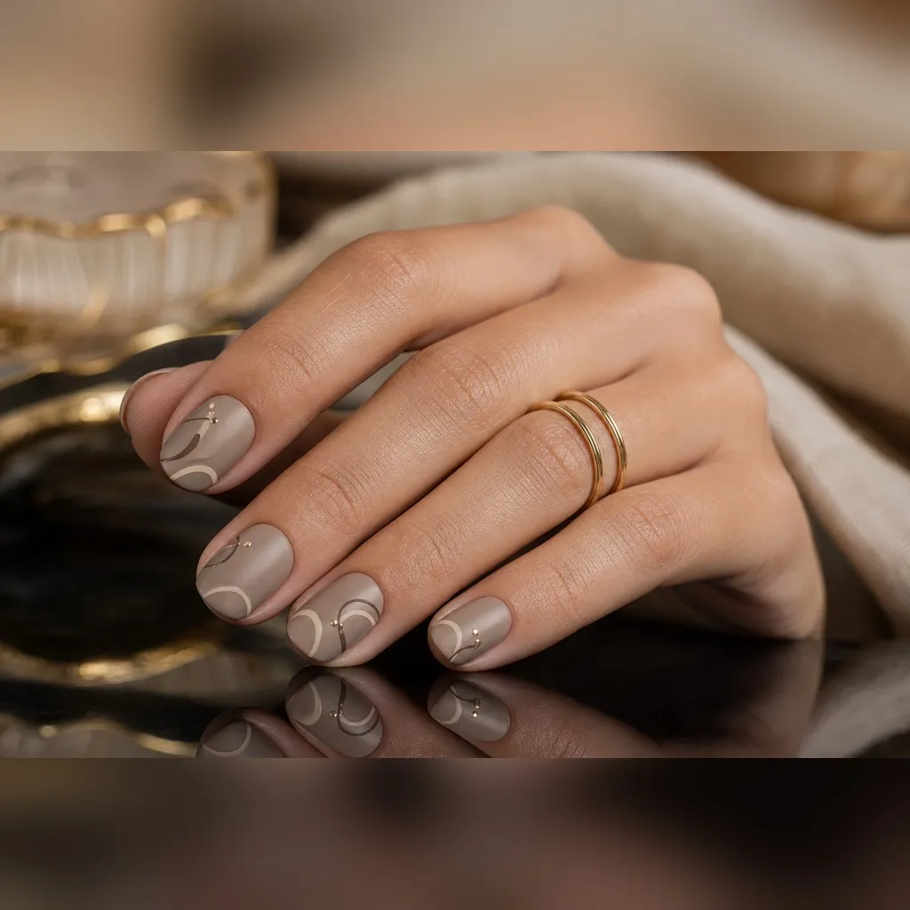 Mushroom Taupe Matte — round thanksgiving nails with soft mushroom-taupe crème, two coats, matte top coat, short round