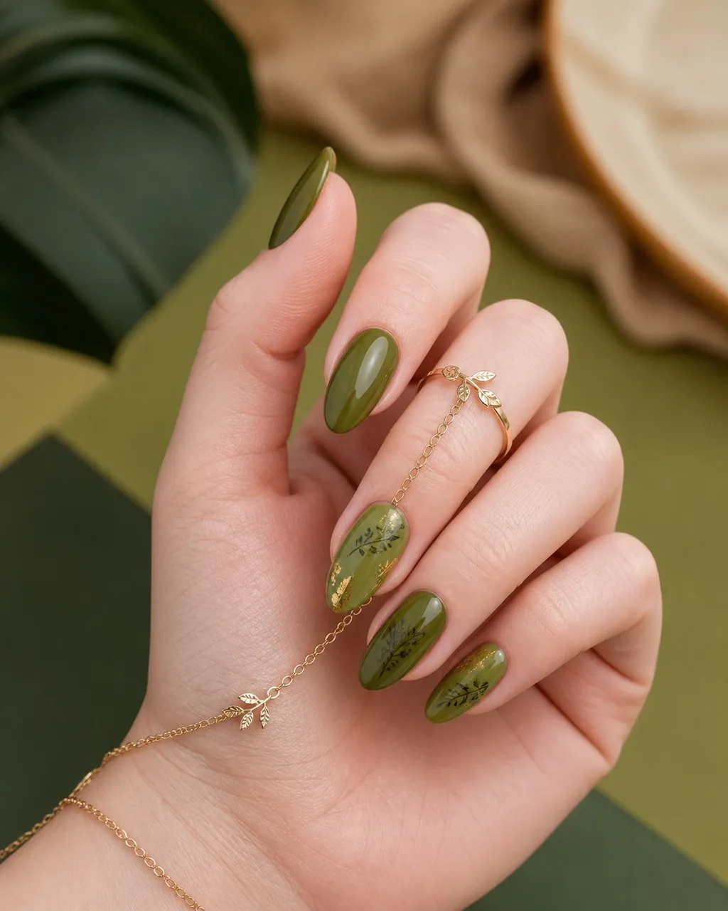 Olive Harvest Glaze — almond thanksgiving nails with olive green crème, two coats, under a high-gloss glaze top coat, medium almond